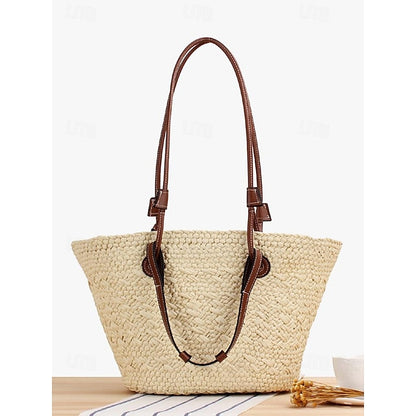 Chic Large Bag Straw Tote with Straps Women's Leather Boho
