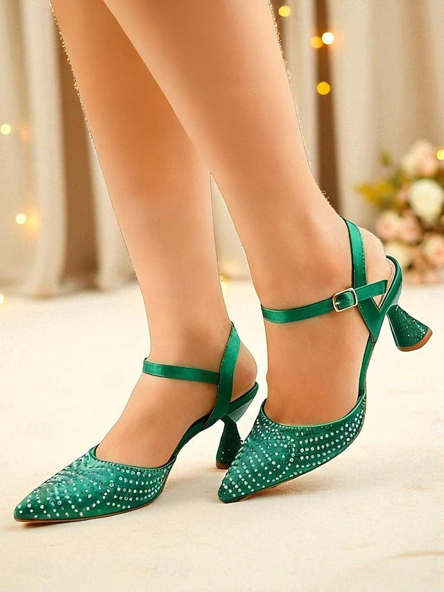 Rhinestone Women's Pointed Slingback Red Heels Toe