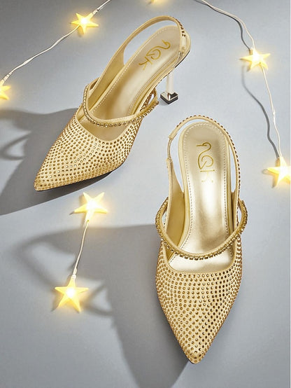 Sparkly - Women's Heels Pointed Gold Rhinestone Toe