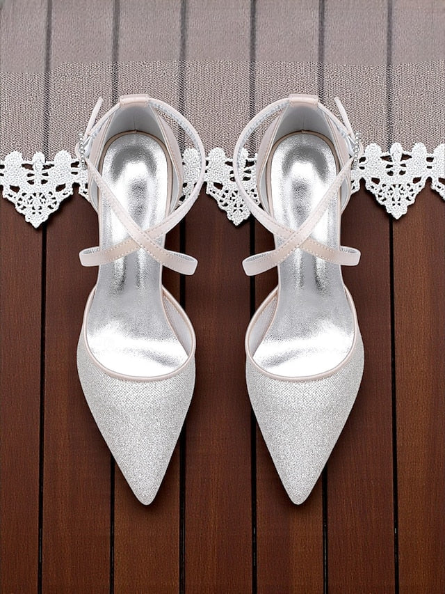 Heels Strap Elegant Silver - Ankle Women's Glitter Stiletto