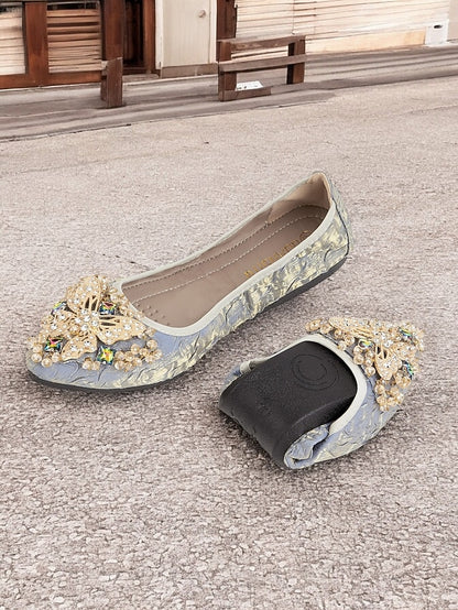 Women's Embroidered Beaded Ballet Flats Foldable with