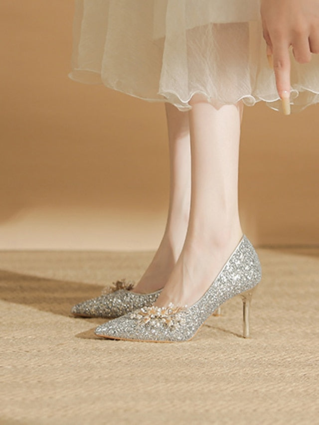 Glitter Silver Heels Stiletto Floral with Women's