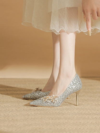 Glitter Silver Heels Stiletto Floral with Women's