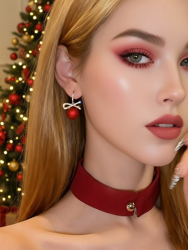 with Women's Pearl Earrings Rhinestone Bow Christmas and