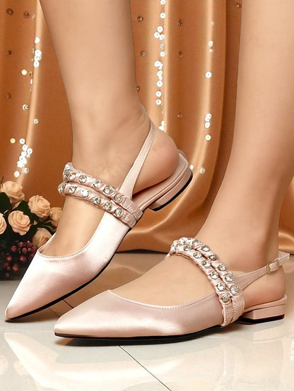 Satin Women's Pointed Flats Slingback - Rhinestone Toe