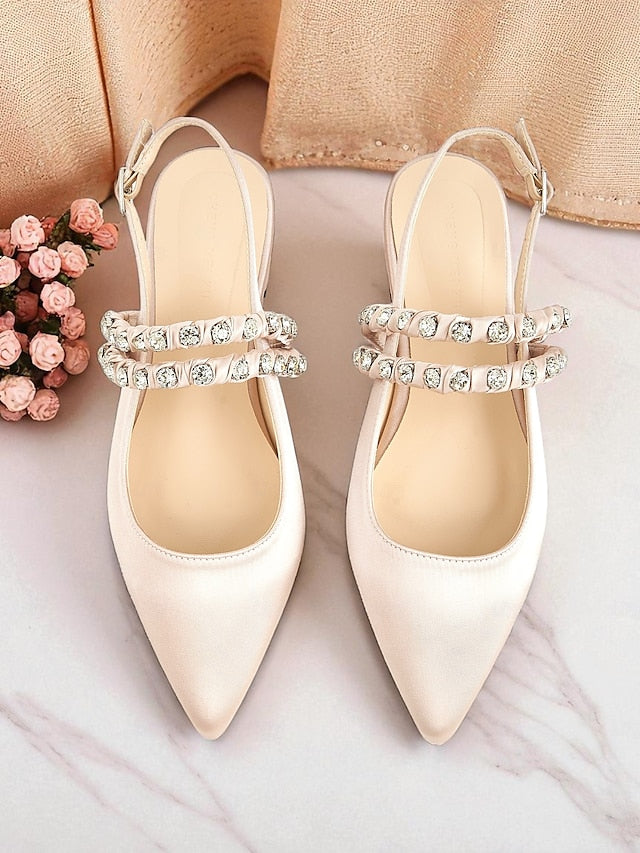 Satin Women's Pointed Flats Slingback - Rhinestone Toe
