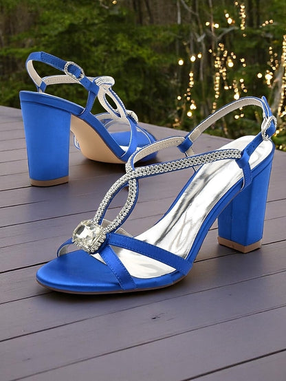 Women's Rhinestone Royal Sandals Elegant Blue – Satin