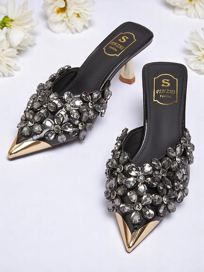 Mules Pointed-Toe Embellished – Black Rhinestone Women's