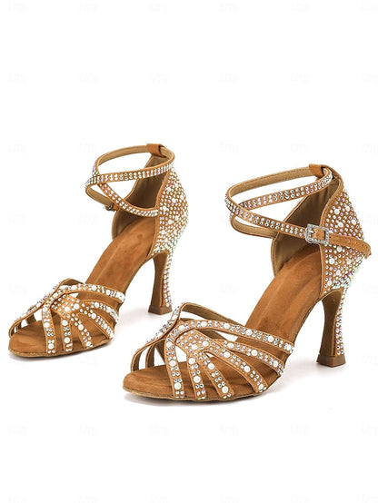 High Sandals with Heel Tan Latin Rhinestone-Embellished Dance
