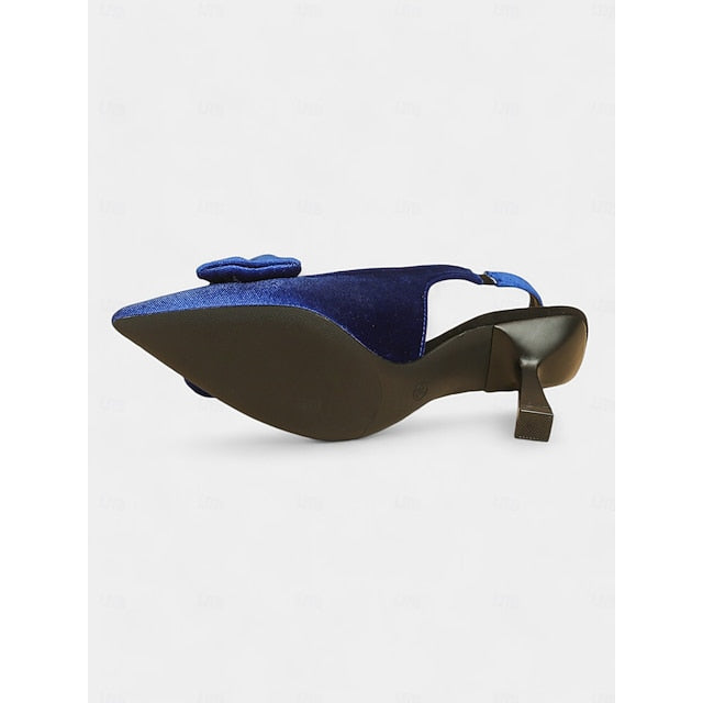 Bow Toe Blue Slingback with Pointed Women's Velvet Heels