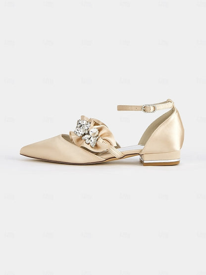 Satin Pointed-Toe with Women's Black Rhinestone Flats