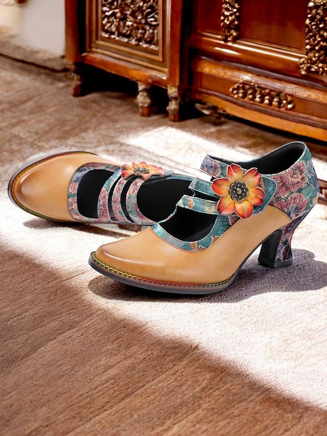 Mary Jane Women's Vintage Heels 1930s Floral Leather –