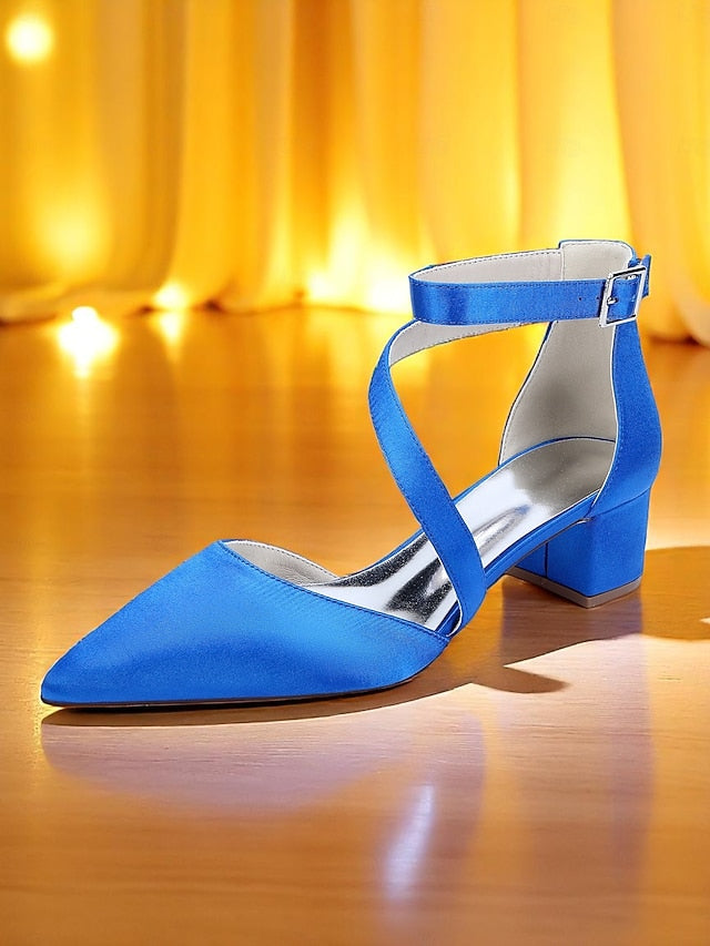 Satin Block Heels Champagne Toe Women's Pointed -