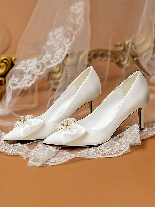 Wedding – Women's Bow Toe Pumps Chic Satin Pointed