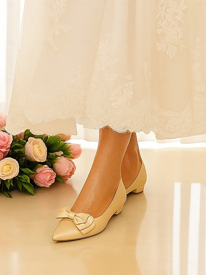 Pointed Women's Bow Toe - Elegant Green Flats Satin