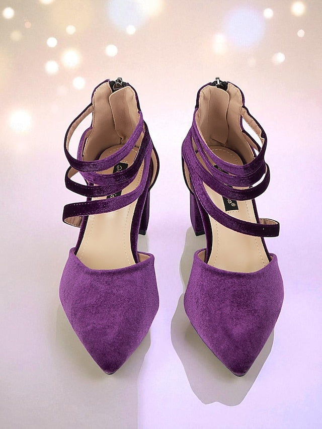 Block Toe Blue Pointed with Women's Pumps Heel Velvet