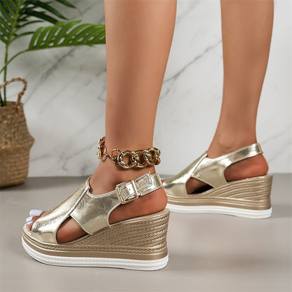 Sandals Wedge Buckle with Women's Metallic Silver Open-Toe