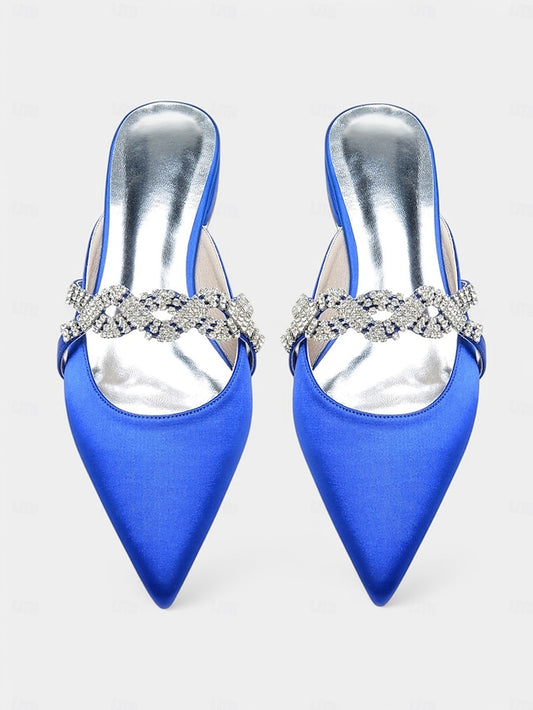 - Rhinestone with Heels Satin Pointed-Toe Mule Blue Detailing
