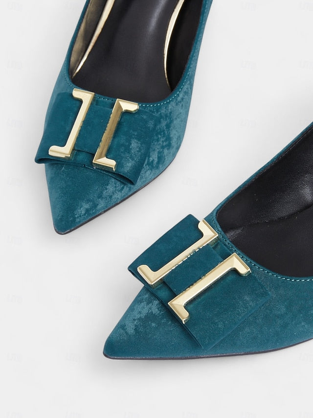 Elegant Toe Teal Kitten Velvet Heel Pointed Women's Pumps -