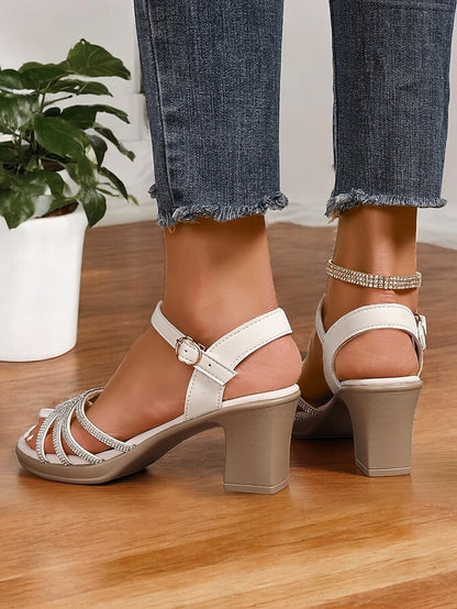 with Rhinestones Sandals Strappy - Black Comfortable Heel Block