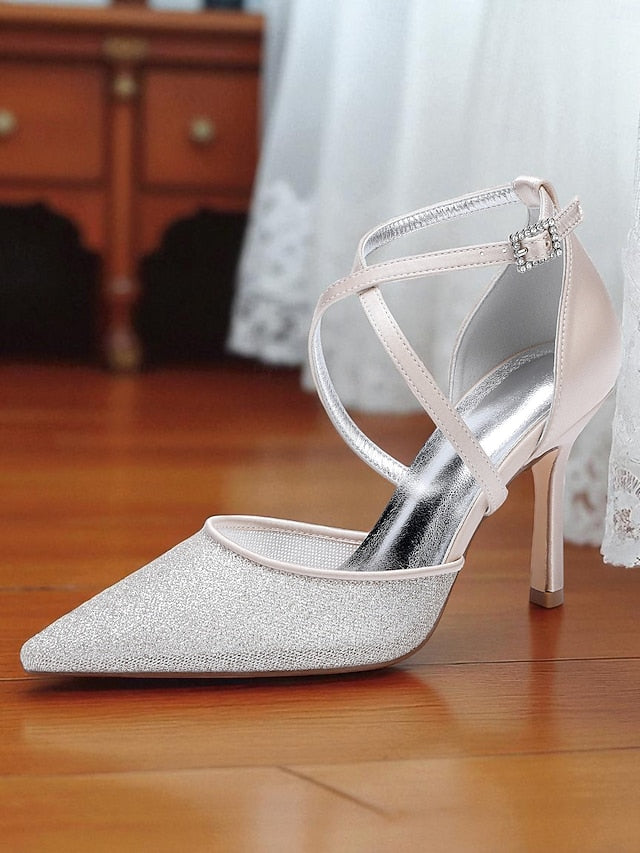 Heels Strap Elegant Silver - Ankle Women's Glitter Stiletto