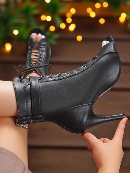 High Women's Heel Peep Booties Black Toe - Stiletto Lace-Up