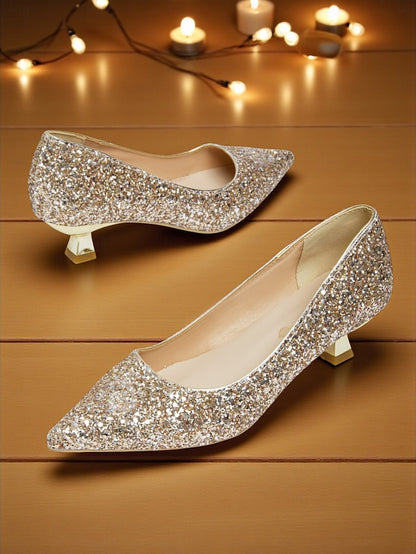 Pointed Glitter Pumps Toe - Sparkly Women's Low Heel