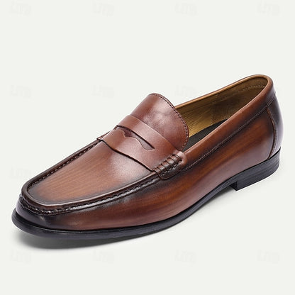 Brown Loafers Slip-On Men's Shoes Leather Penny with