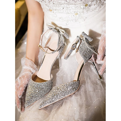 Toe - Bow Sparkly Heels Women's Silver Pointed Glitter