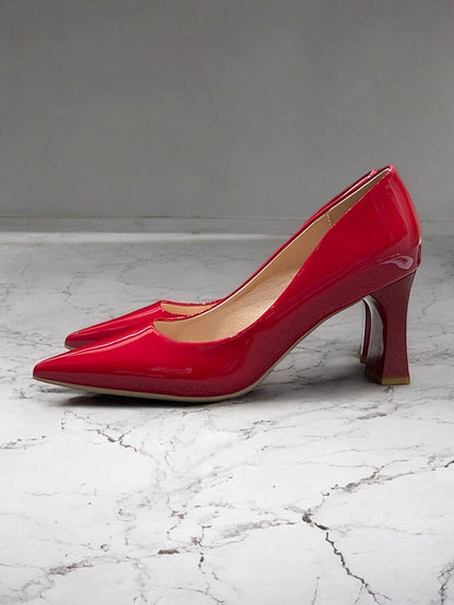Heel Green Leather Faux Glossy Patent Pumps Pointed-Toe Block