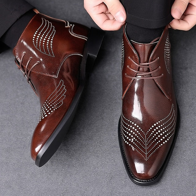 Leather Ankle Men's Faux Glossy Burgundy Wingtip Brogue