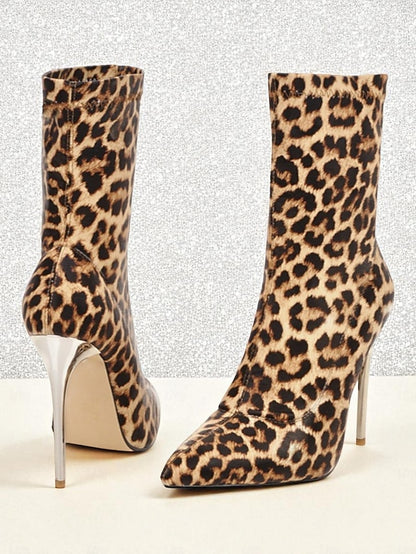 Print Pointed Ankle Leopard Sexy Boots Stiletto - Women's