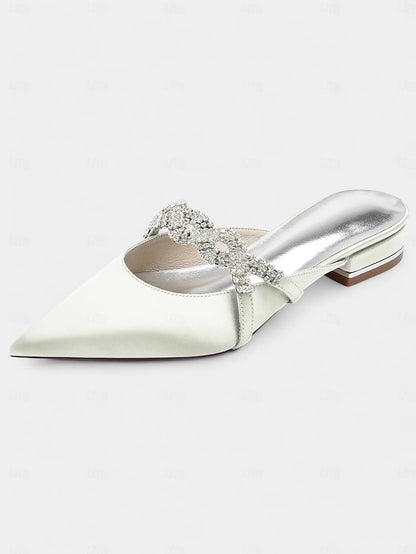 - Rhinestone with Heels Satin Pointed-Toe Mule Blue Detailing