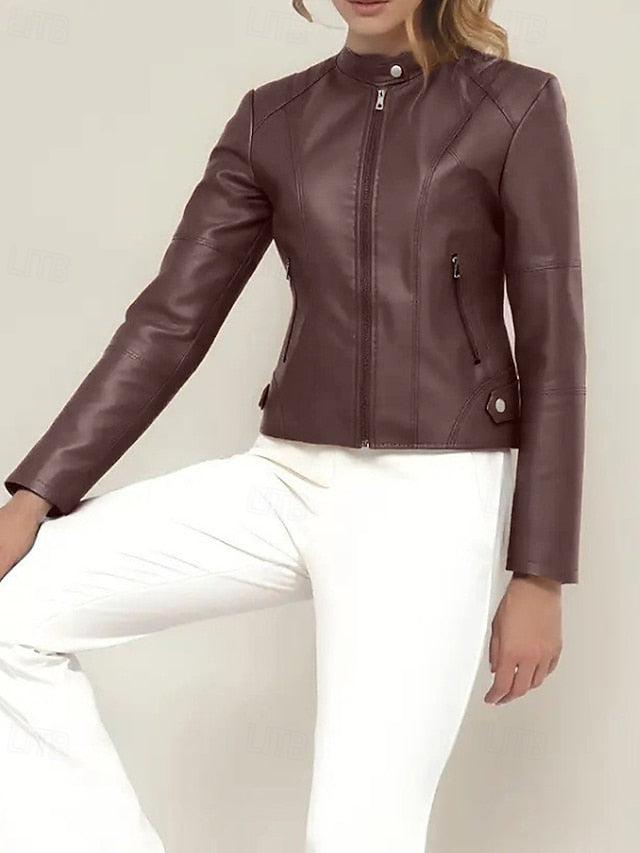 Pocket Women's Leather Faux Zipper Jacket Comfortable