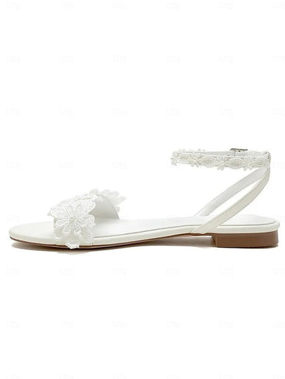 Block White Ankle with Floral Straps Lace Sandals Flats Open-Toe