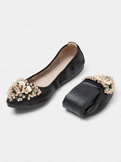 Women's Black Flats Rhinestone with Ballet Foldable