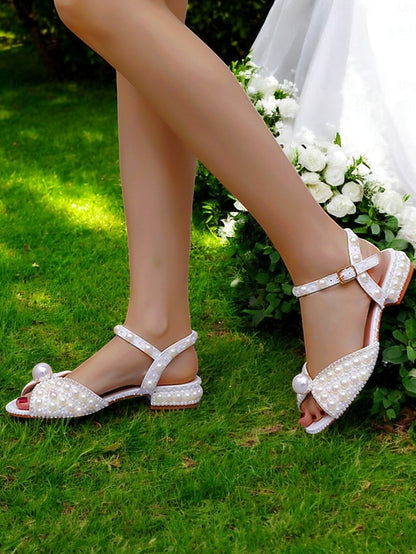 Women's Pearl-Embellished – Heel Low White Sandals