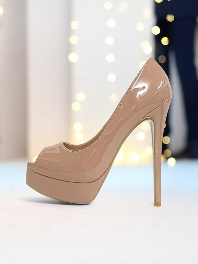 Heels Patent Peep Leather High Platform Black Women's Toe