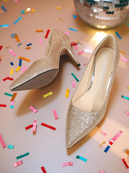 Stiletto Pointed-Toe Sparkly Gold Glitter - Women's Pumps