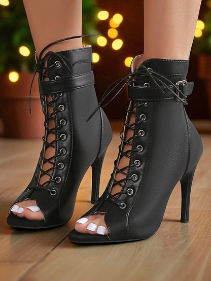 High Women's Heel Peep Booties Black Toe - Stiletto Lace-Up
