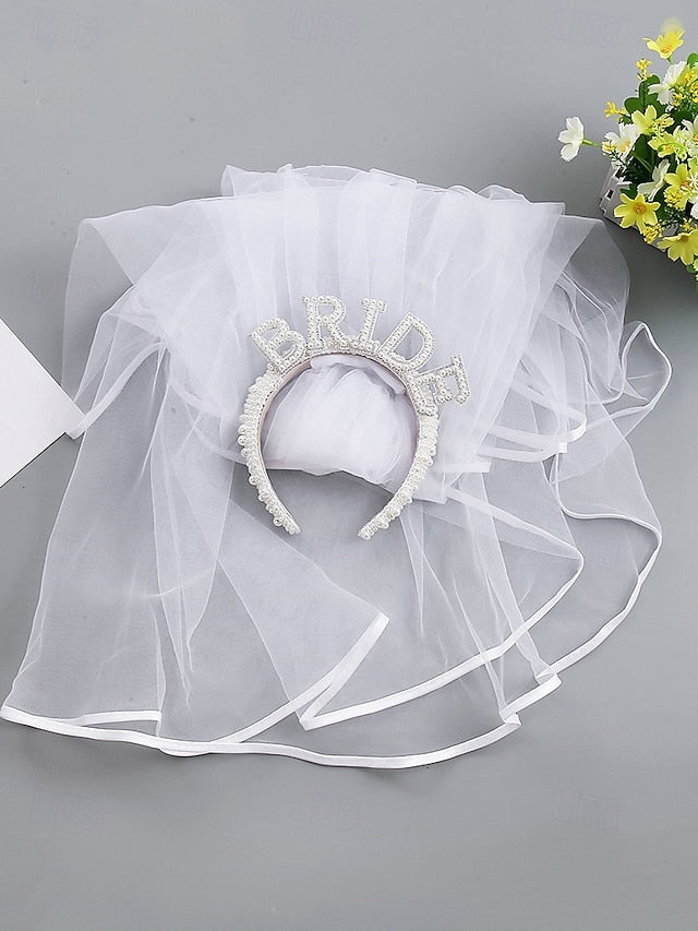 with Veil Pearl-Embellished Headband 'BRIDE' –