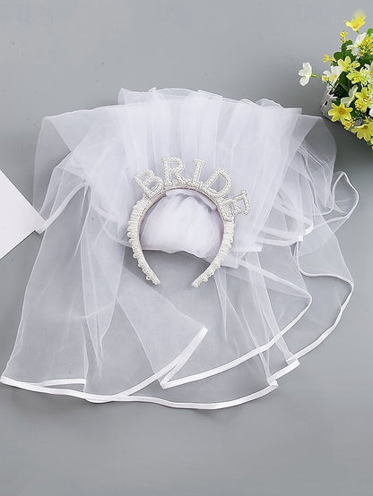 with Veil Pearl-Embellished Headband 'BRIDE' –