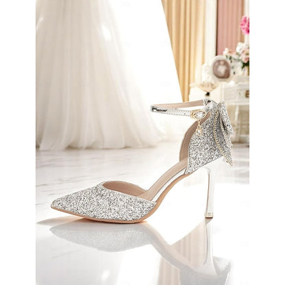 Glitter - Toe Silver Heels Sparkly Pointed Women's Bow