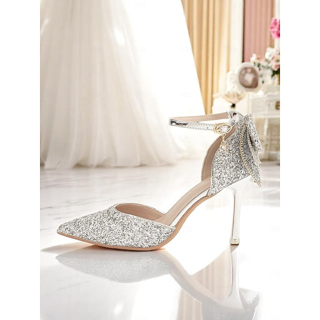 Toe - Bow Sparkly Heels Women's Silver Pointed Glitter