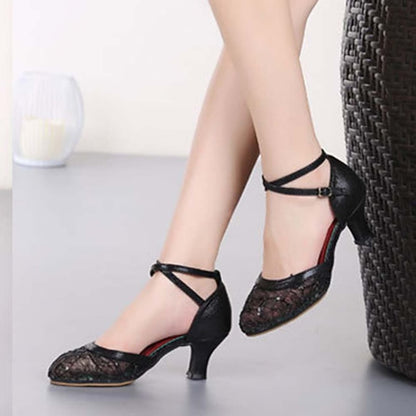 Shoes Low Women's Heel Lace Silver Latin Dance Mesh –