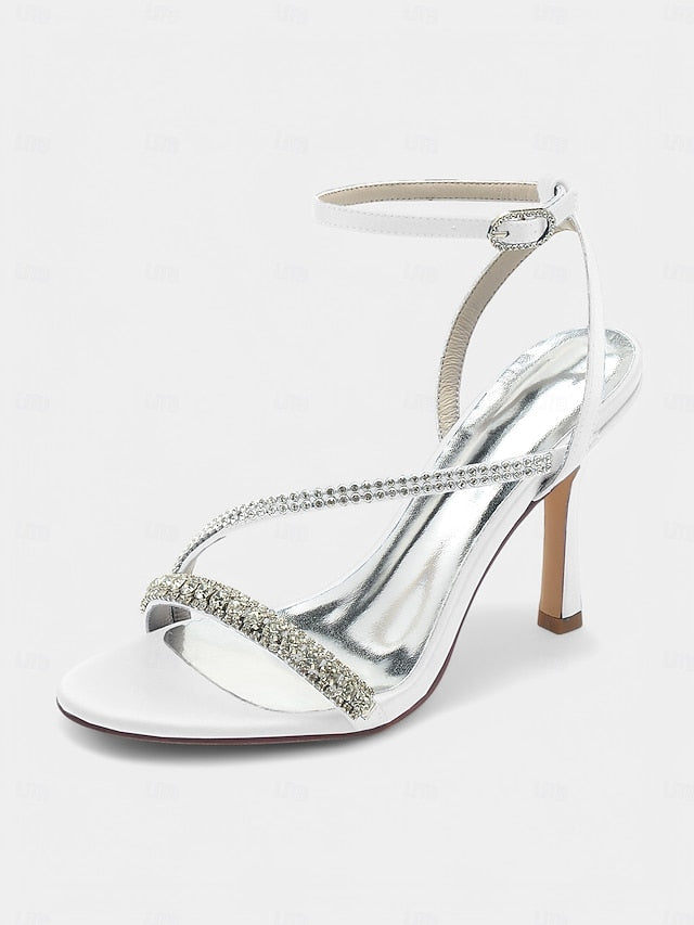 Sophisticated Satin Champagne – Rhinestone Heels Strappy
