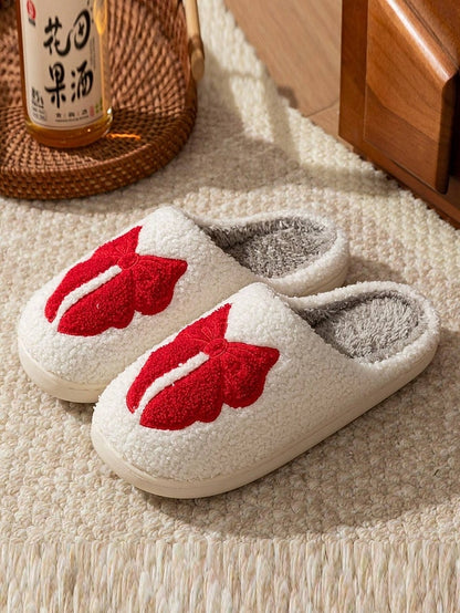 Bowknot - White Red Women's and Design Soft with Slippers