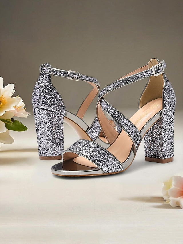 Glitter Women's Block Gold Sandals Heel