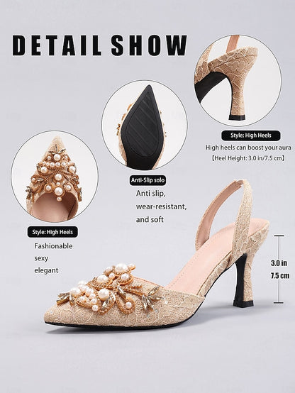Slingback Satin Detailing Women's Pearl with Black Heels -