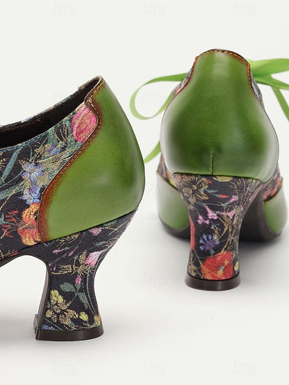 Leather Heels with Green Print Women's Jane Mary Floral